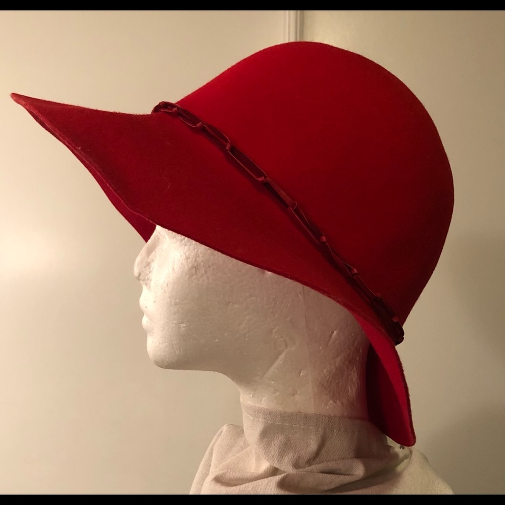 Wide brim Cloche Vintage circular design,  clean-lined felt 100% Wool RED HAT